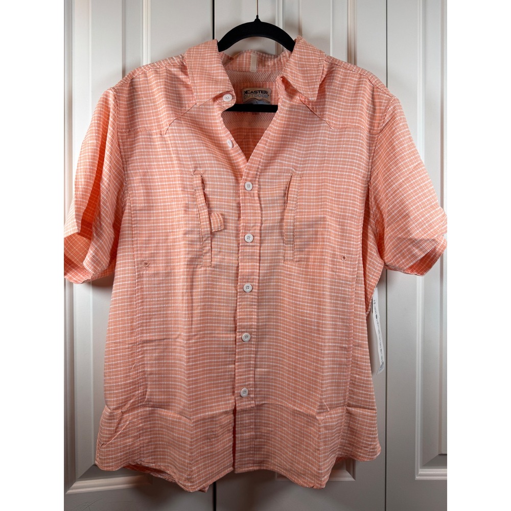 XCaster Outdoor Mens Fishing Shirt Salmon Orange Grid Short Sleeve UPF L NEW